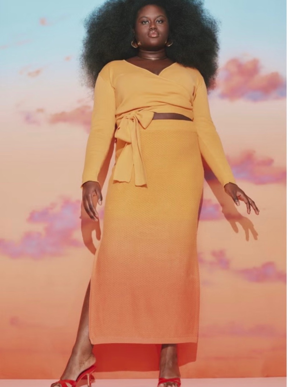 Ombre Knitted Maxi Skirt And Wrap Top Set in Yellow Orange
